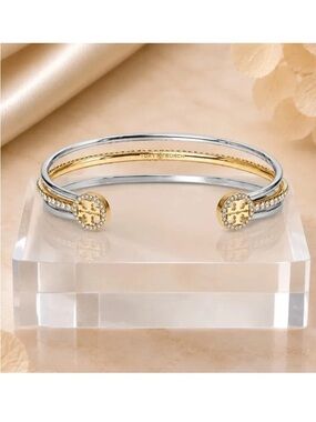 Tory Burch Two-Tone Crystal Logo Open Cuff Bracelet - Gold & Silver